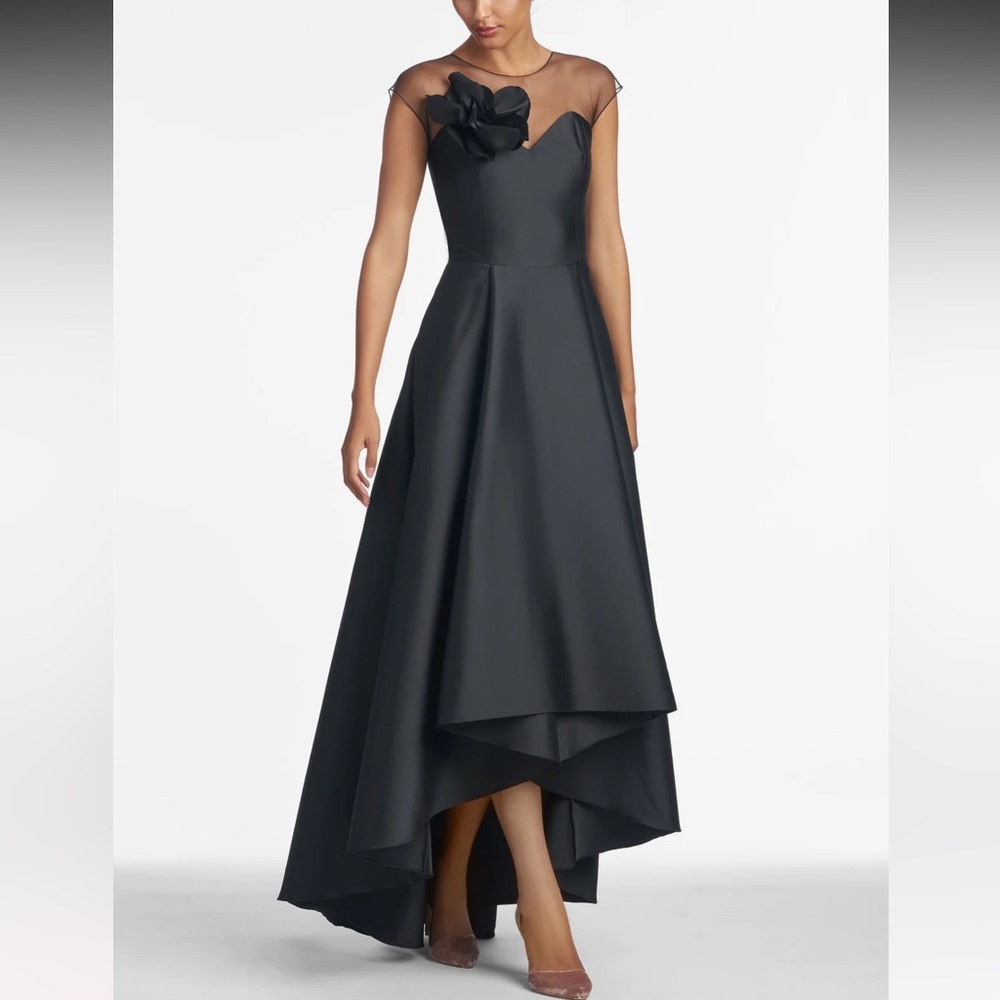 Black evening Gown Sachin & Babi sheer top with elegant flower. Length high/ low